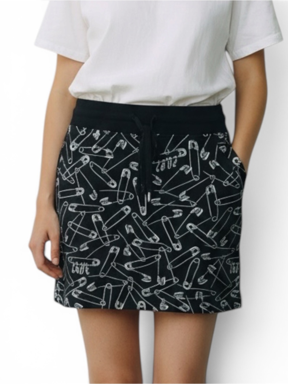 Love Moschino Black Mini Cotton Skirt with White Safety Pin Print